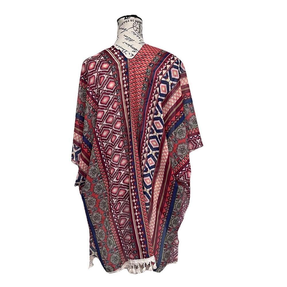 Boho Aztec Tribal Print Kimono Tassel Fringe Sheer Duster Festival Bohemian O/S - Picture 5 of 8